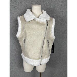 Madden Girl Juniors' Faux-Shearling Moto Vest Zip Pockets Oatmeal Large NWT's